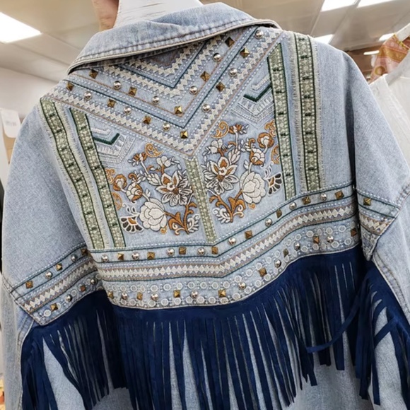 Black Vintage Wash Studded Floral Embroidered Tassel Button Down Jean jacket - Picture 8 of 11